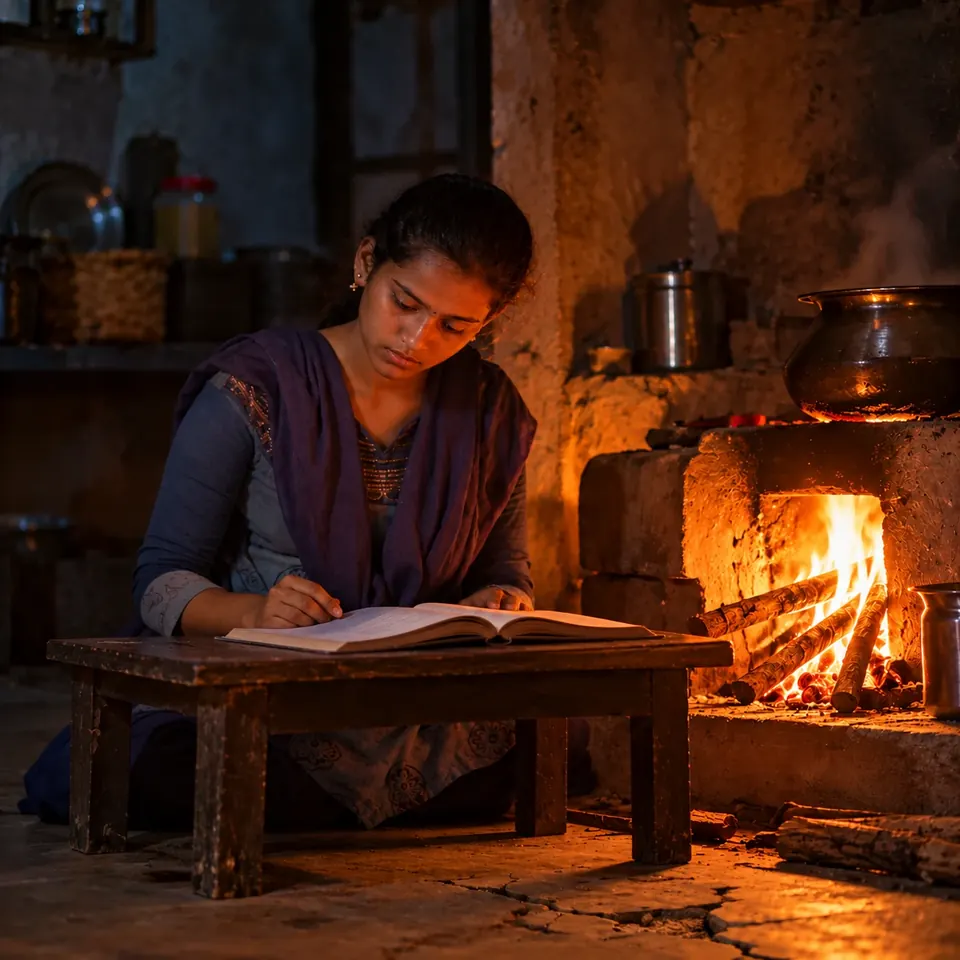A young woman studies a book by the light of a wood-fire stove in a rural kitchen